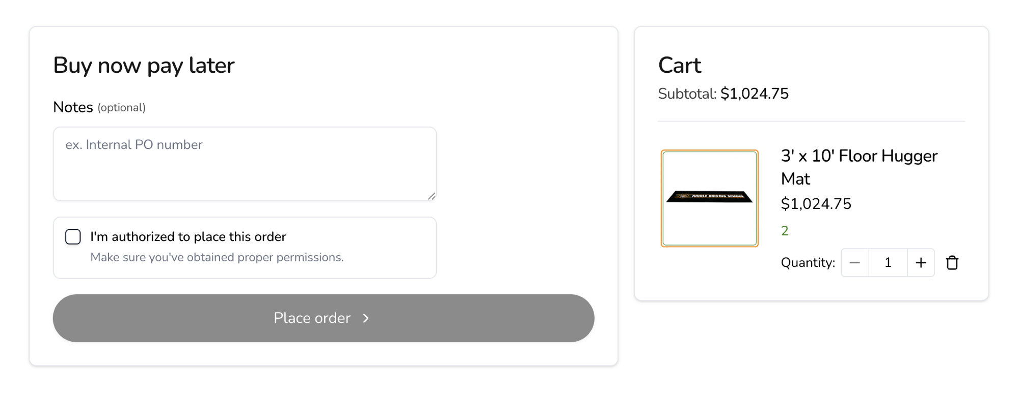 The Buy now pay later step with a Notes field, the authorization checkbox, and a disabled Place order button
