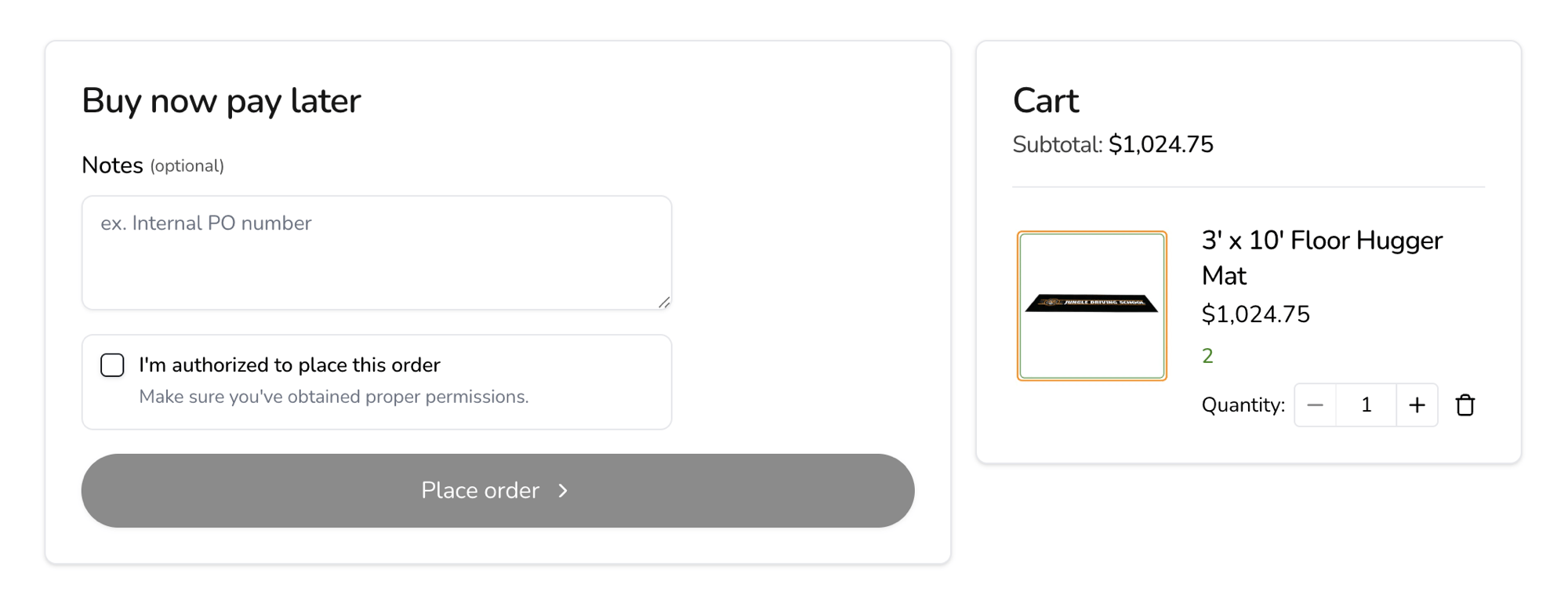 The Buy now pay later step with a Notes field, the authorization checkbox, and a disabled Place order button