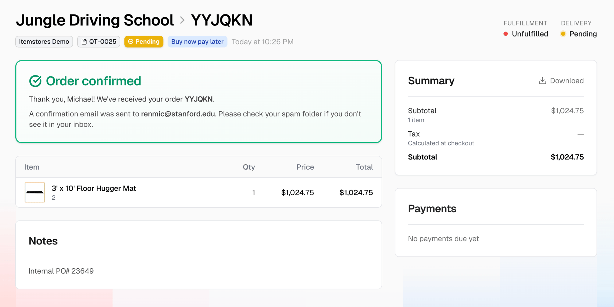 The customer's quote page after checkout, with the Order confirmed banner, the item, the notes, and an empty Payments card