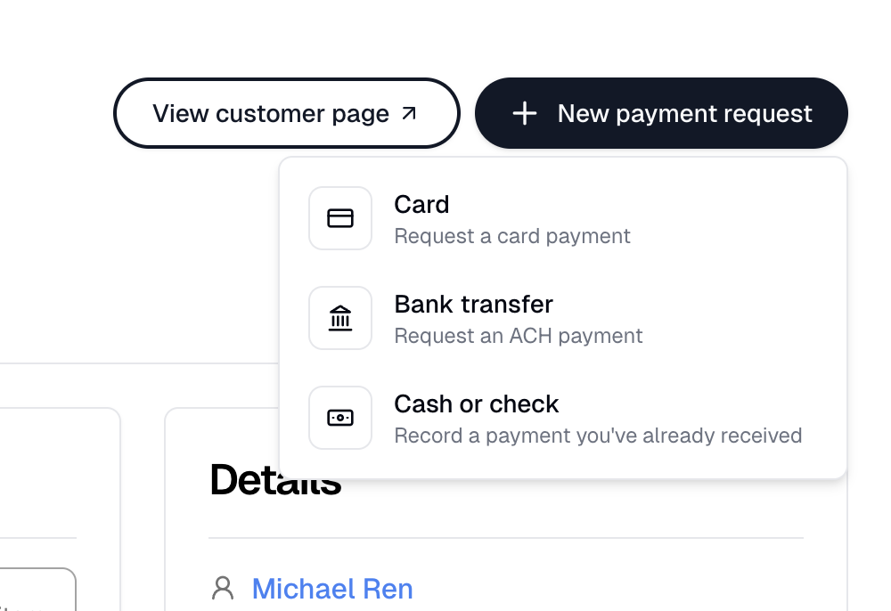 The New payment request menu, listing Card, Bank transfer, and Cash or check