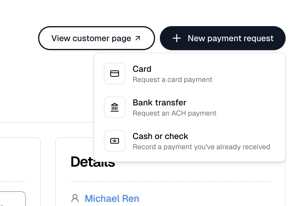 The New payment request menu, listing Card, Bank transfer, and Cash or check