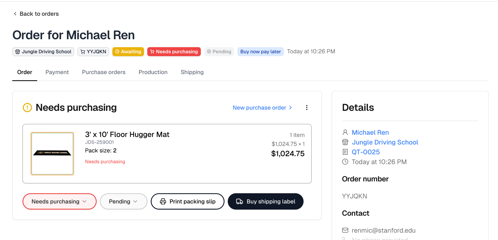 A pay-later order's page with the Awaiting payment status and the Buy now pay later badge