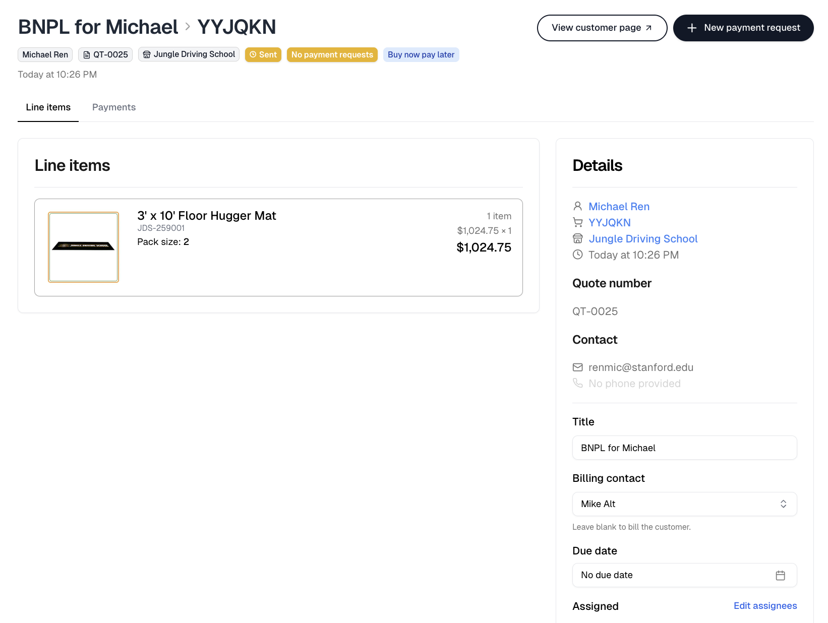 A pay-later quote's page with the No payment requests badge, and Billing contact in the Details card