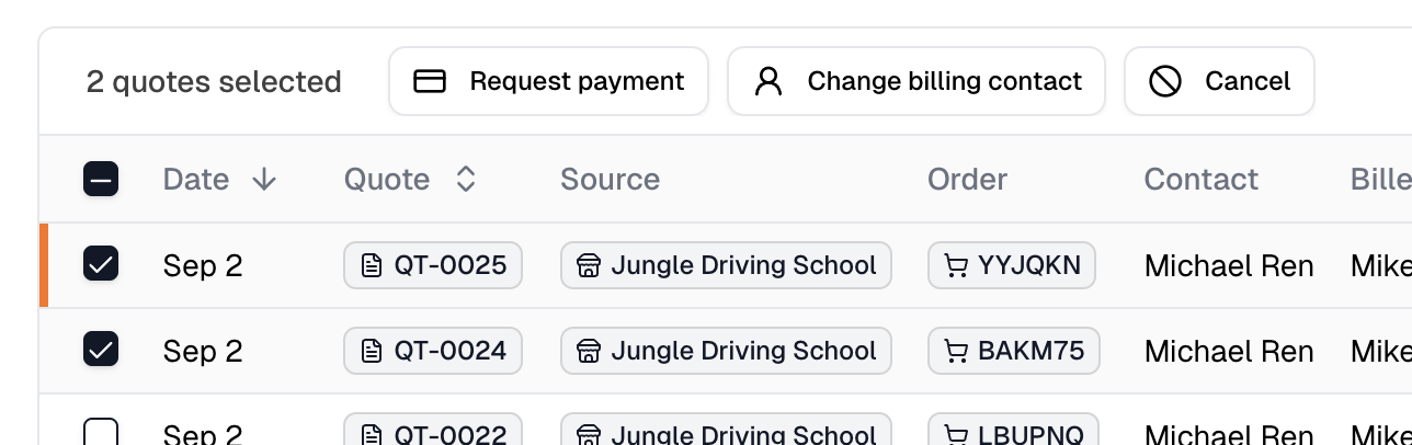 Two quotes selected in the list, revealing Request payment, Change billing contact, and Cancel