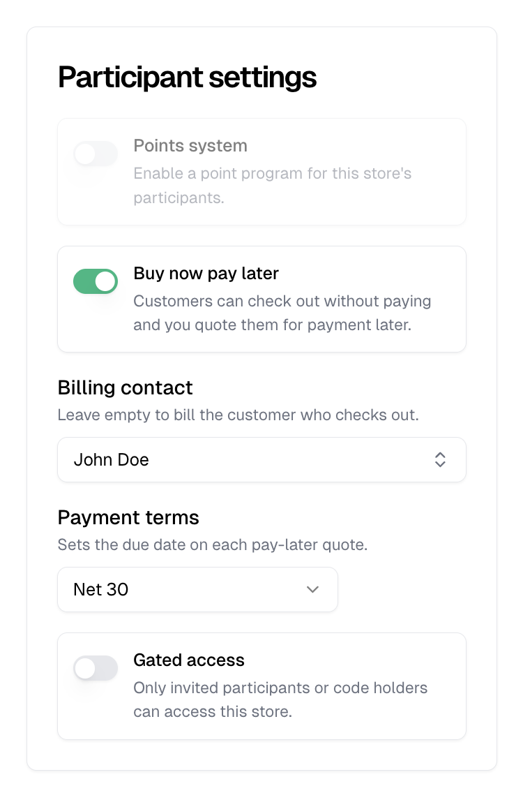 The Participant settings card with Buy now pay later on, a billing contact chosen, and Net 30 payment terms