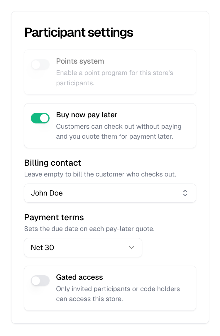 The Participant settings card with Buy now pay later on, a billing contact chosen, and Net 30 payment terms