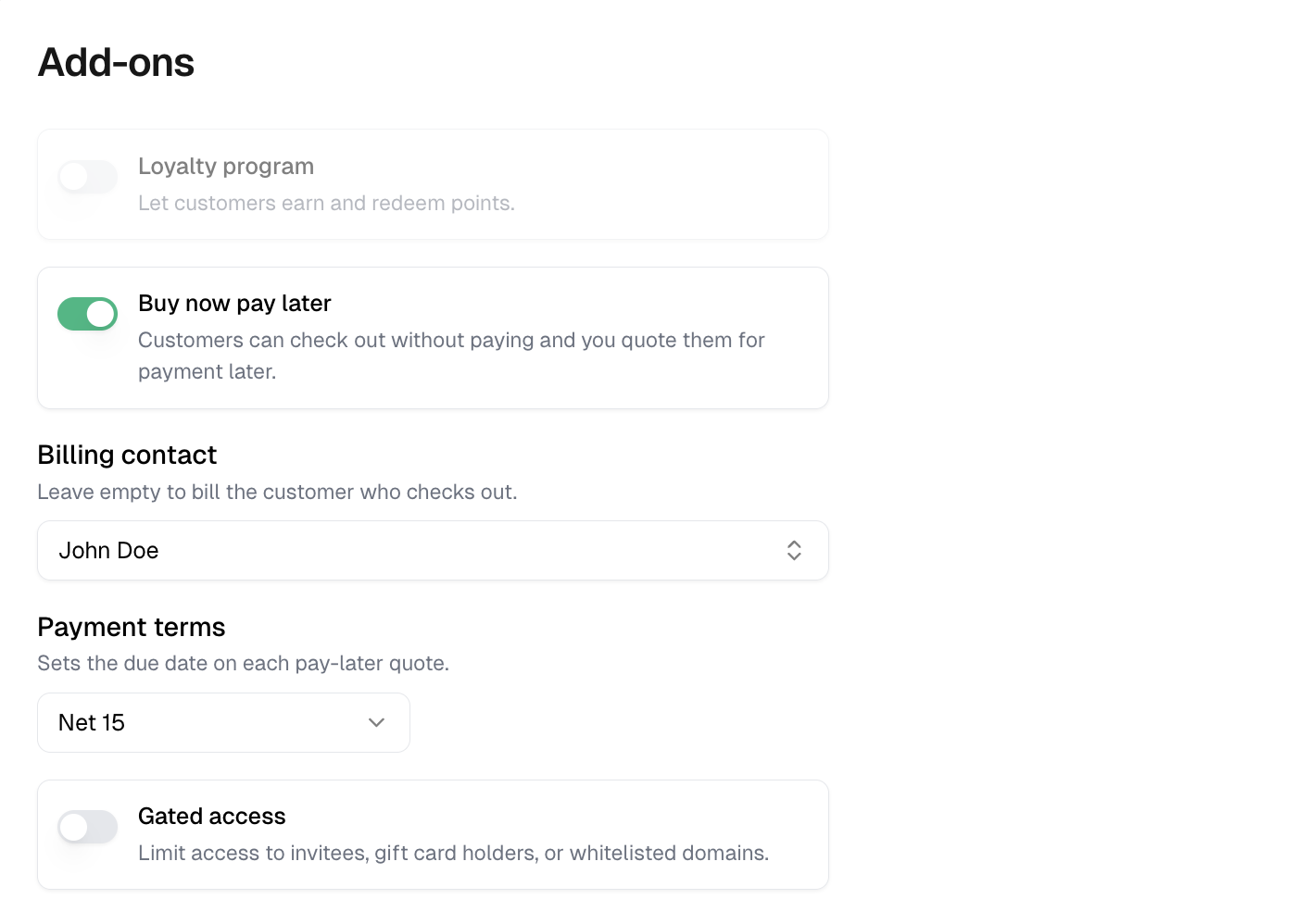 Add-ons with Buy now pay later on, a billing contact chosen, and Net 15 payment terms