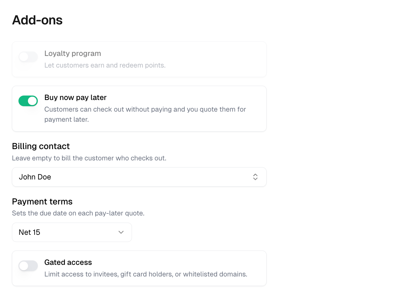 Add-ons with Buy now pay later on, a billing contact chosen, and Net 15 payment terms