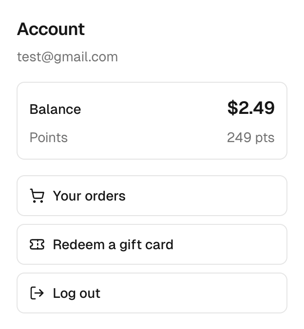 Storefront view of the account menu, with the Balance and points, Your orders, and Redeem a gift card