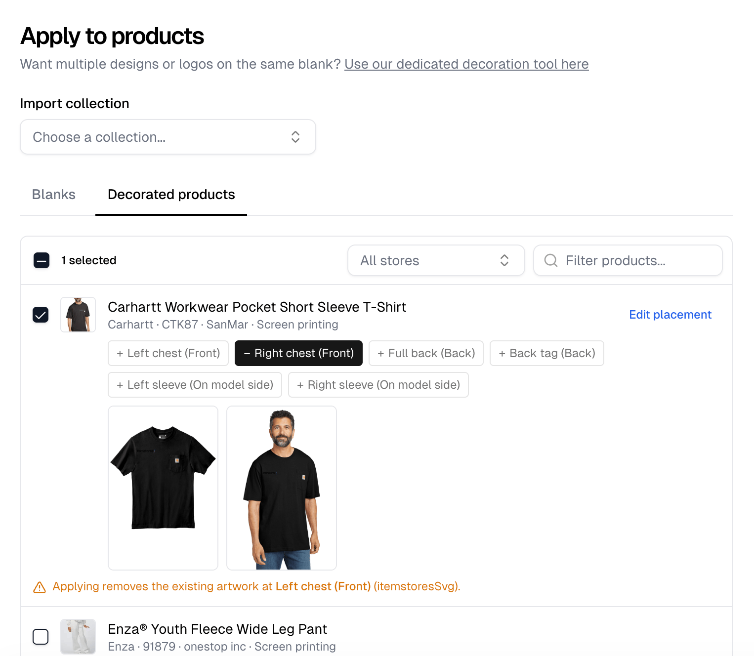 Apply to products on the Decorated products tab, with Right chest selected and the warning naming the Left chest artwork it removes