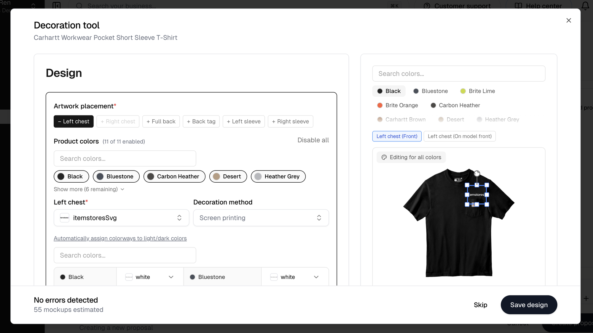 The Decoration tool over a proposal, with the artwork placement, product colors, the preview, and Skip and Save design