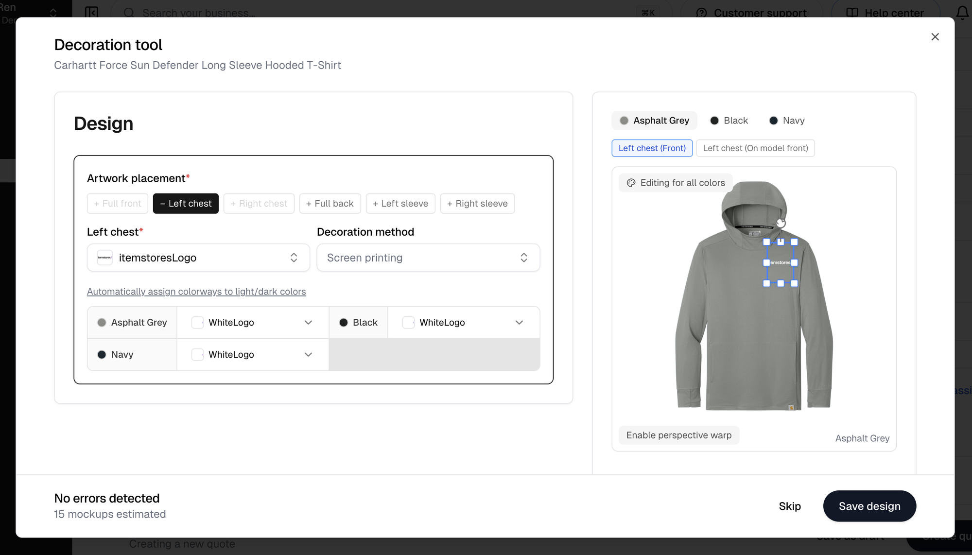 The Decoration tool over a quote, with the artwork placement, colorways per color, the preview, and Skip and Save design