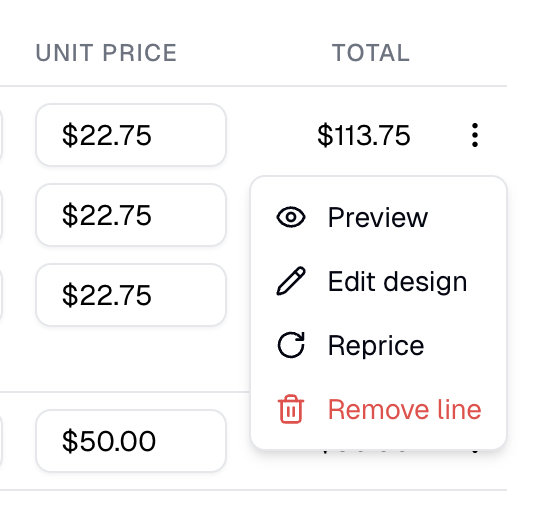 A row's menu open, offering Preview, Edit design, Reprice and Remove line