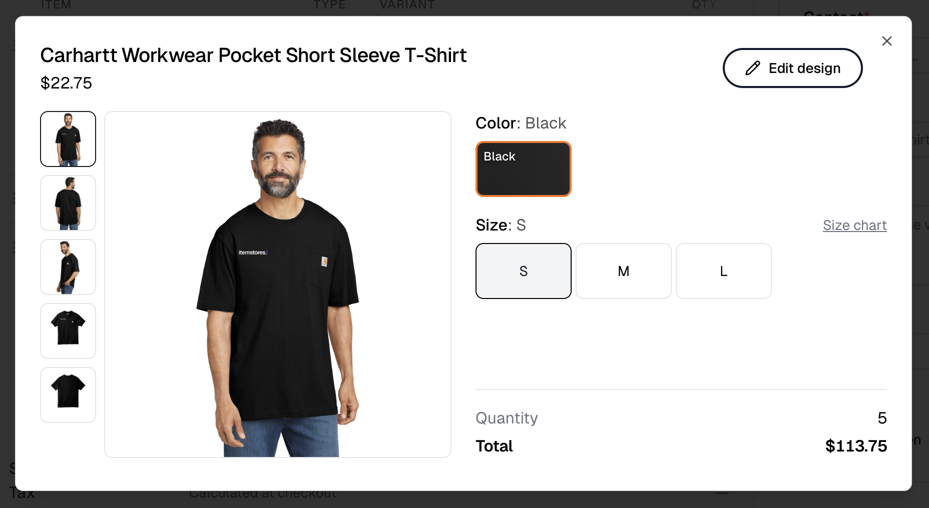A line's preview with Edit design at the top, and the product's colors and sizes on the quote