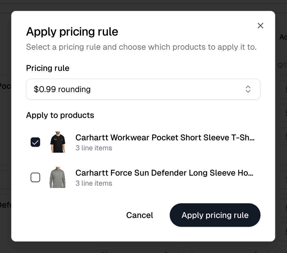 The Apply pricing rule dialog with a rule chosen and a product showing its line count and existing rules