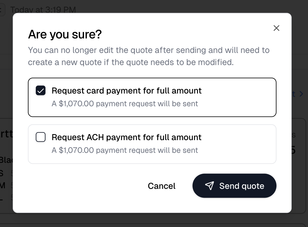 The Send quote confirmation with Request card payment for full amount checked and Request ACH payment for full amount unchecked