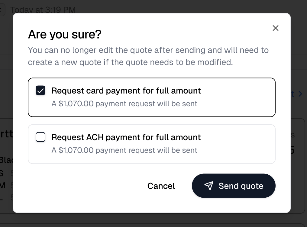 The Send quote confirmation with Request card payment for full amount checked and Request ACH payment for full amount unchecked