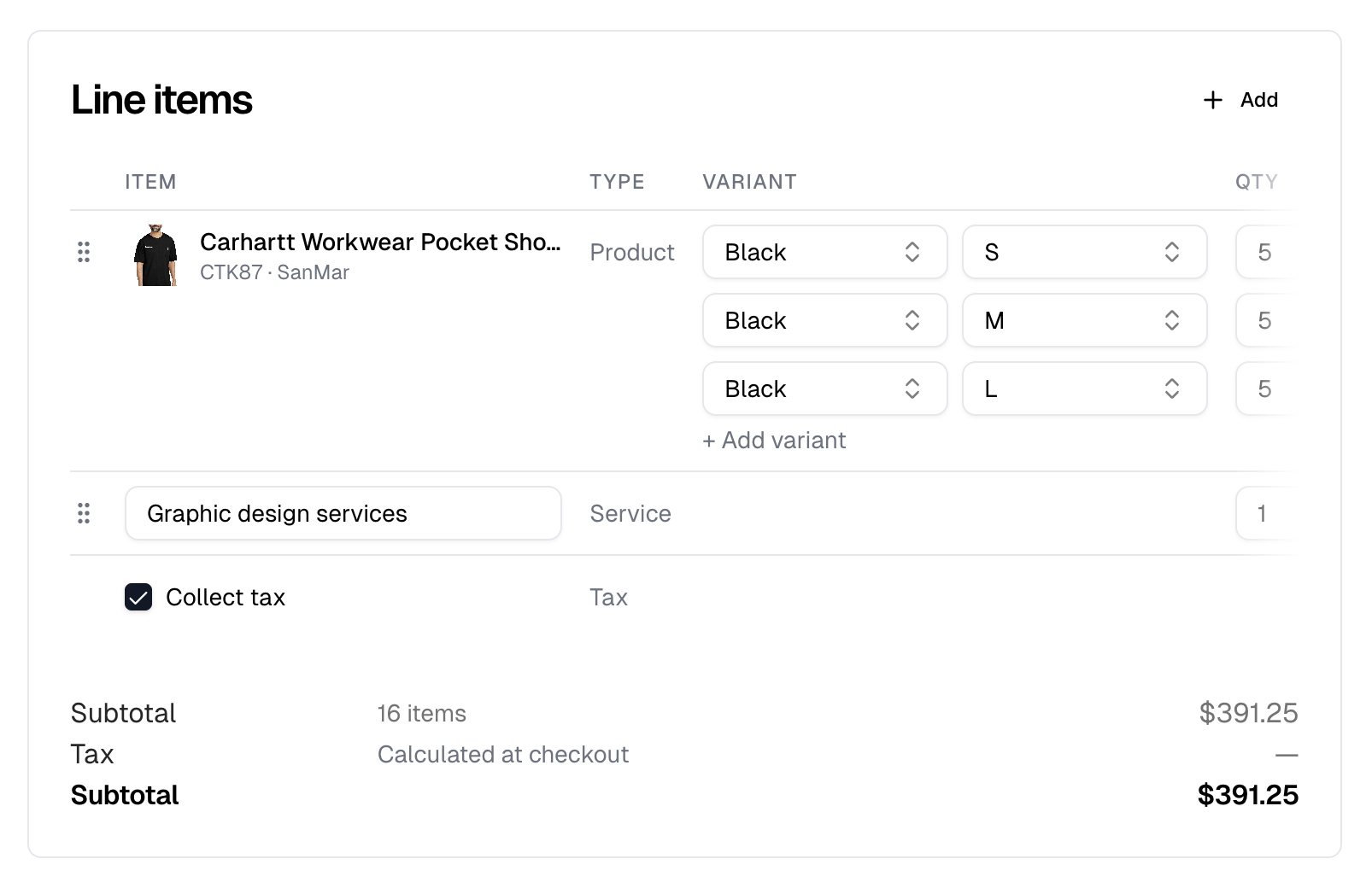 A quote's line items: a product's size rows, a service and the Collect tax row, above the subtotal
