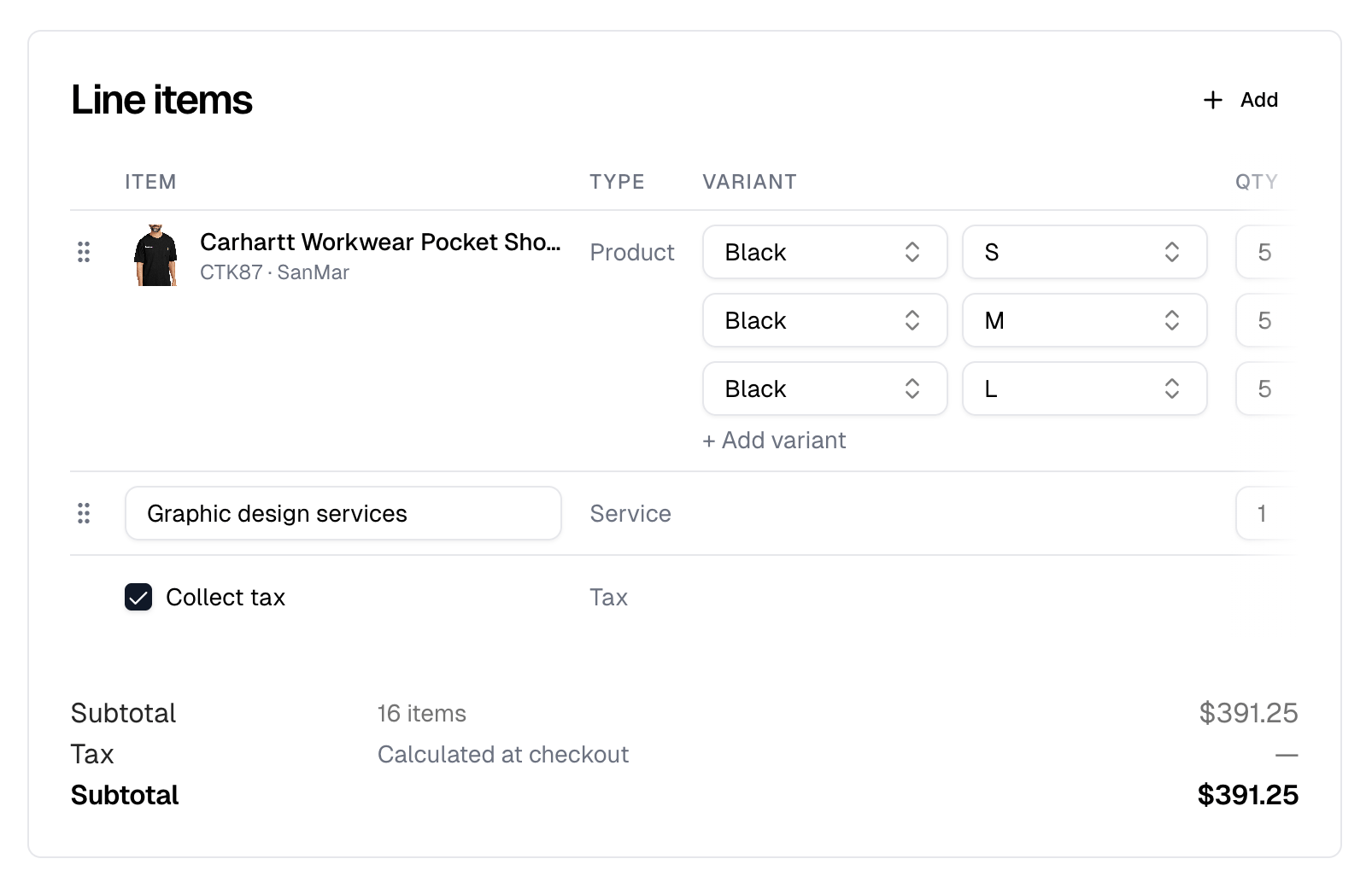 A quote's line items: a product's size rows, a service and the Collect tax row, above the subtotal