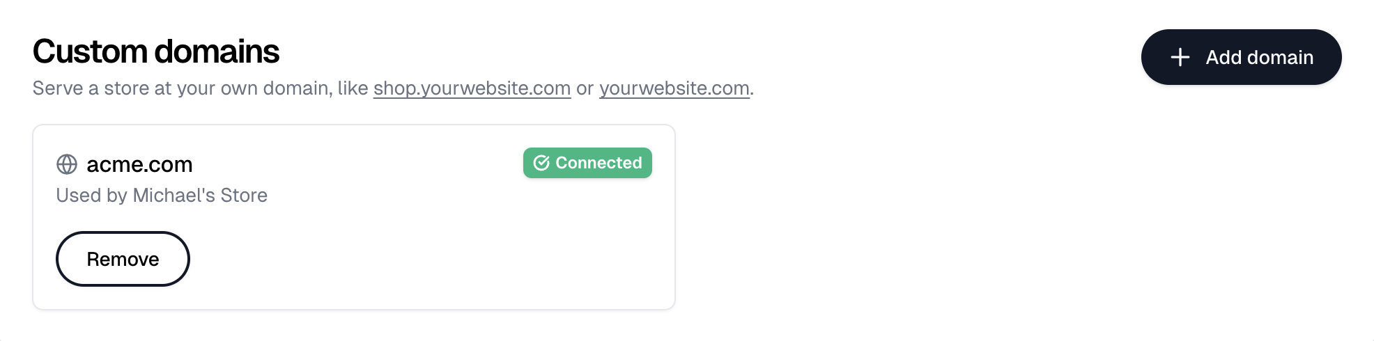 Settings, Domains, with a connected domain card showing the store it's used by