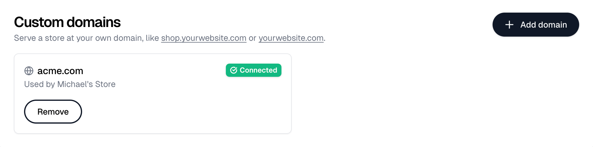 Settings, Domains, with a connected domain card showing the store it's used by