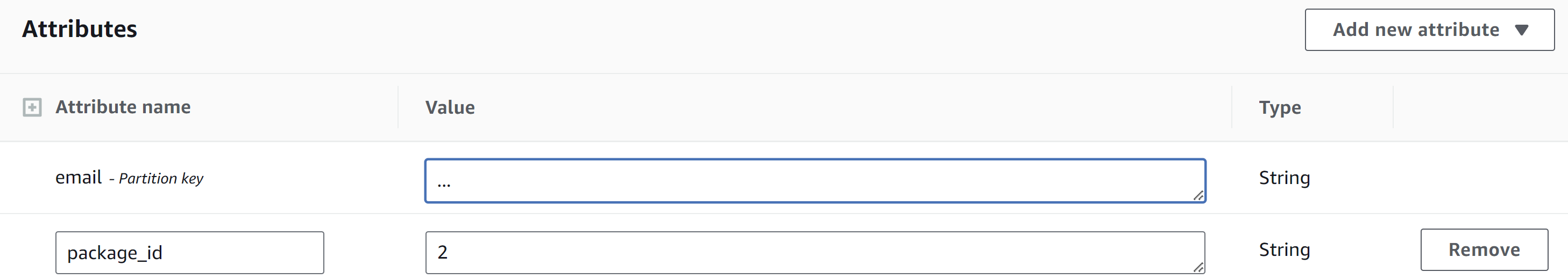attributes of our DynamoDB table