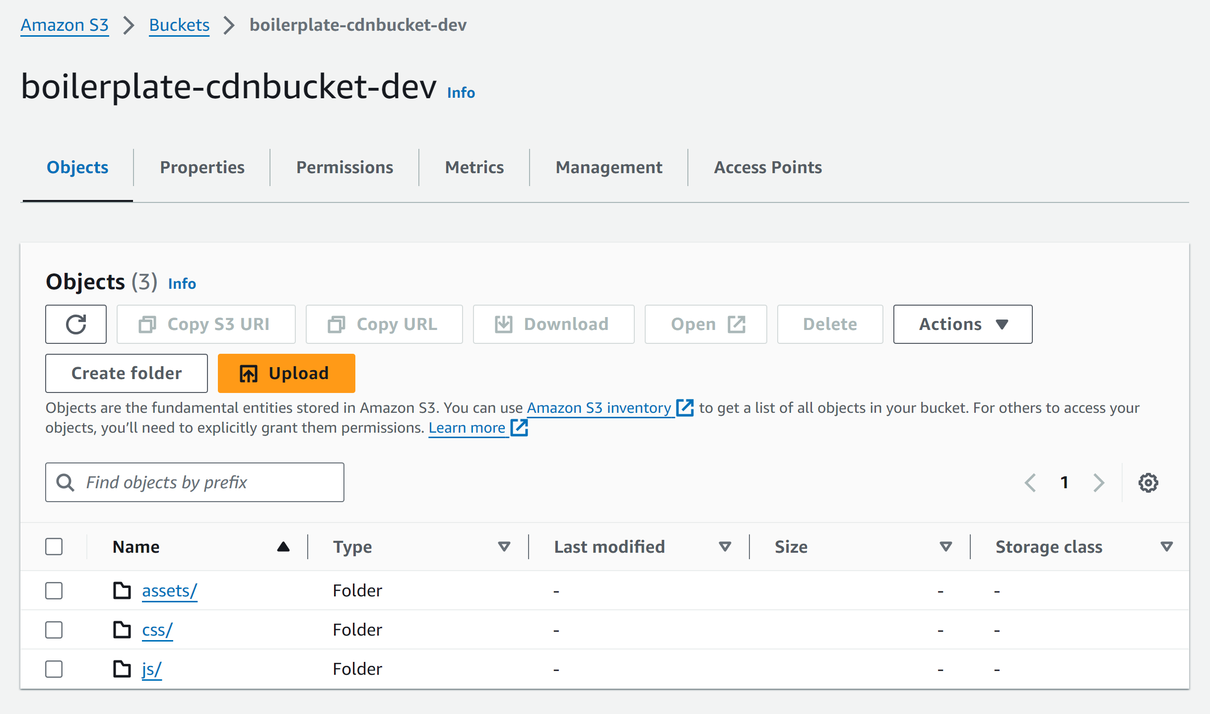 screenshot of S3 bucket opened in AWS interface