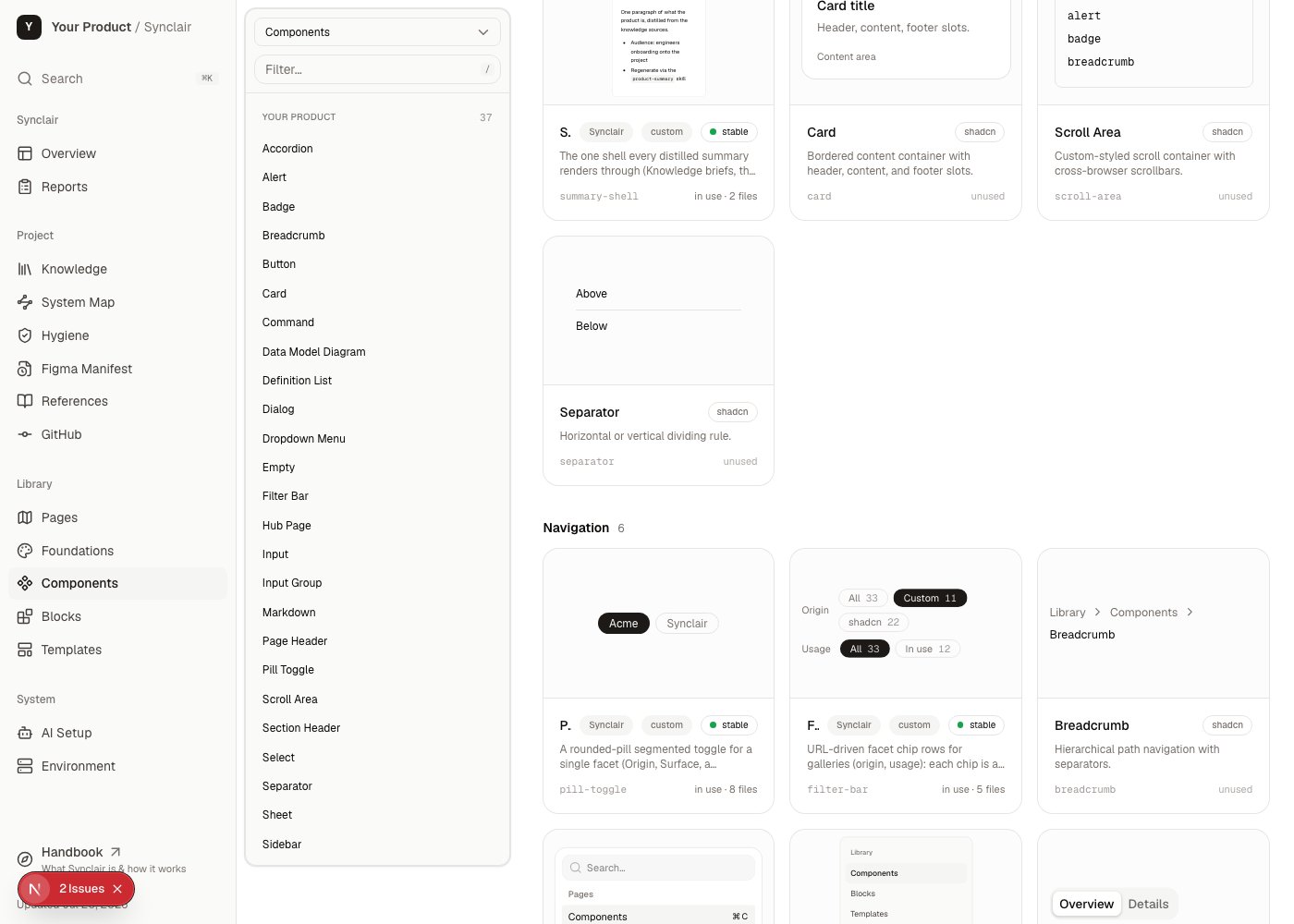 The Synclair component gallery showing the component list and live previews