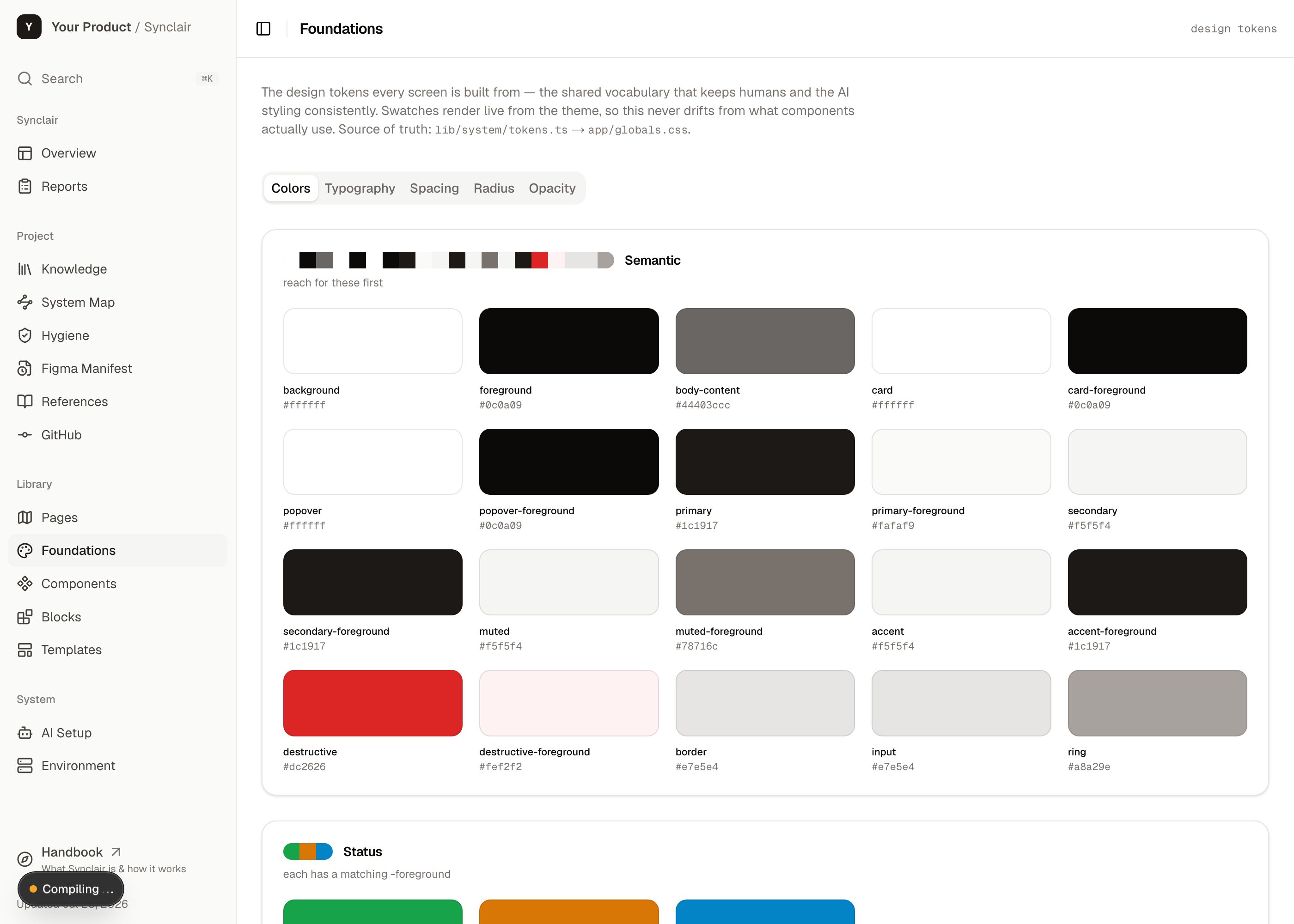 The Synclair Foundations page showing semantic color swatches