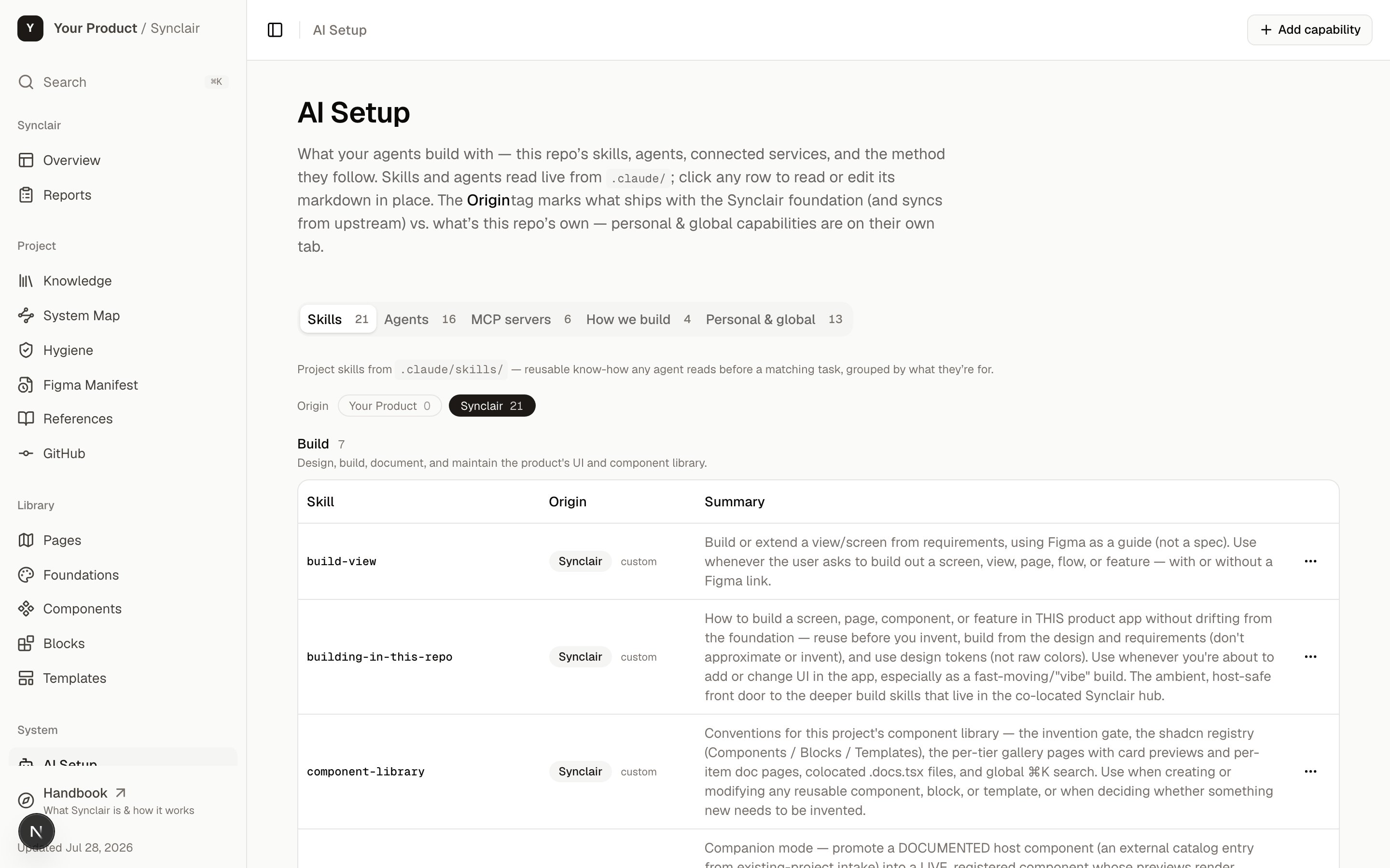 The AI Setup page listing the skills that ship with the clone, each with its origin and a one-line description of when it applies