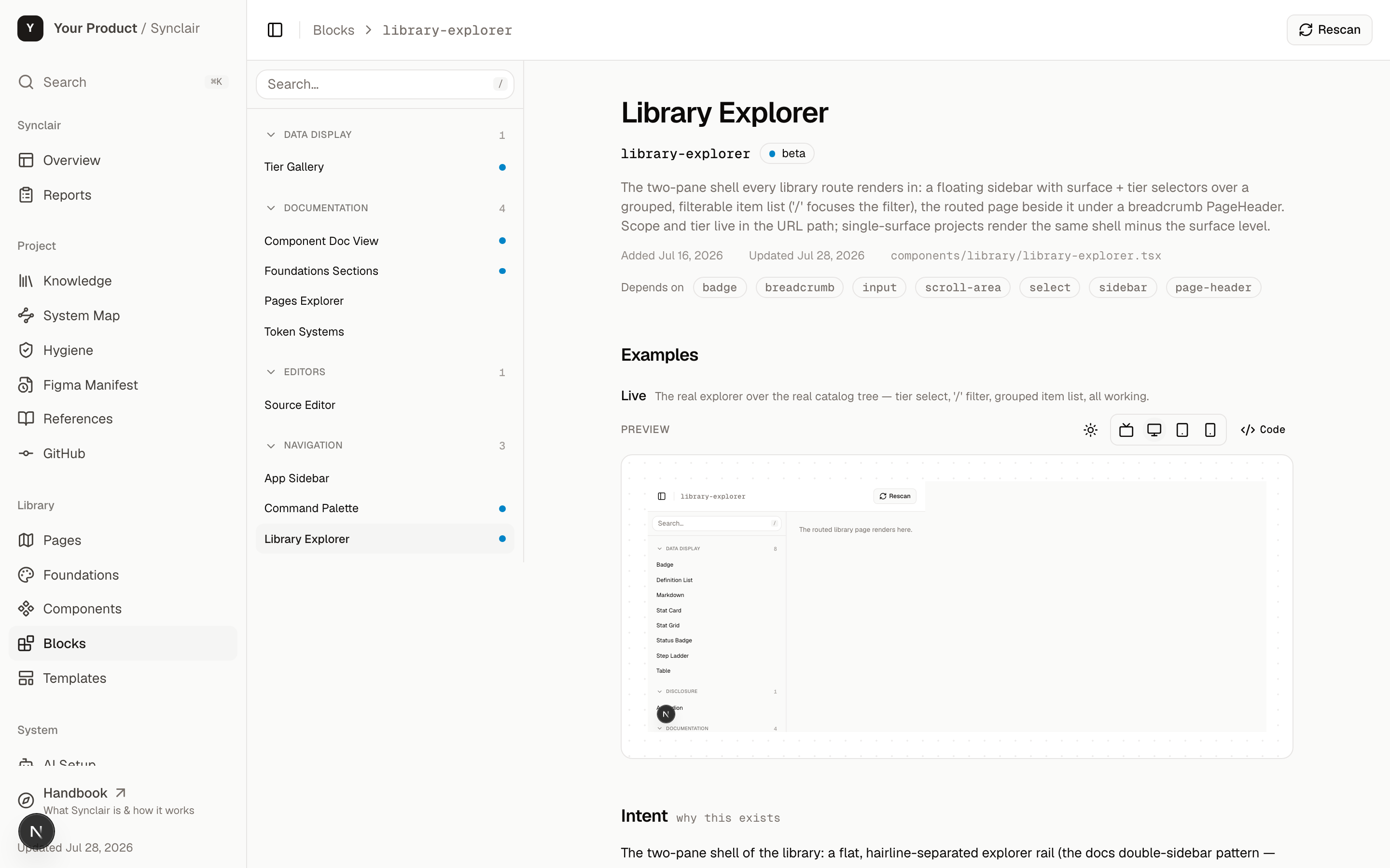 A block's doc page showing a live preview with viewport and theme switchers, its dependencies, and its UX documentation