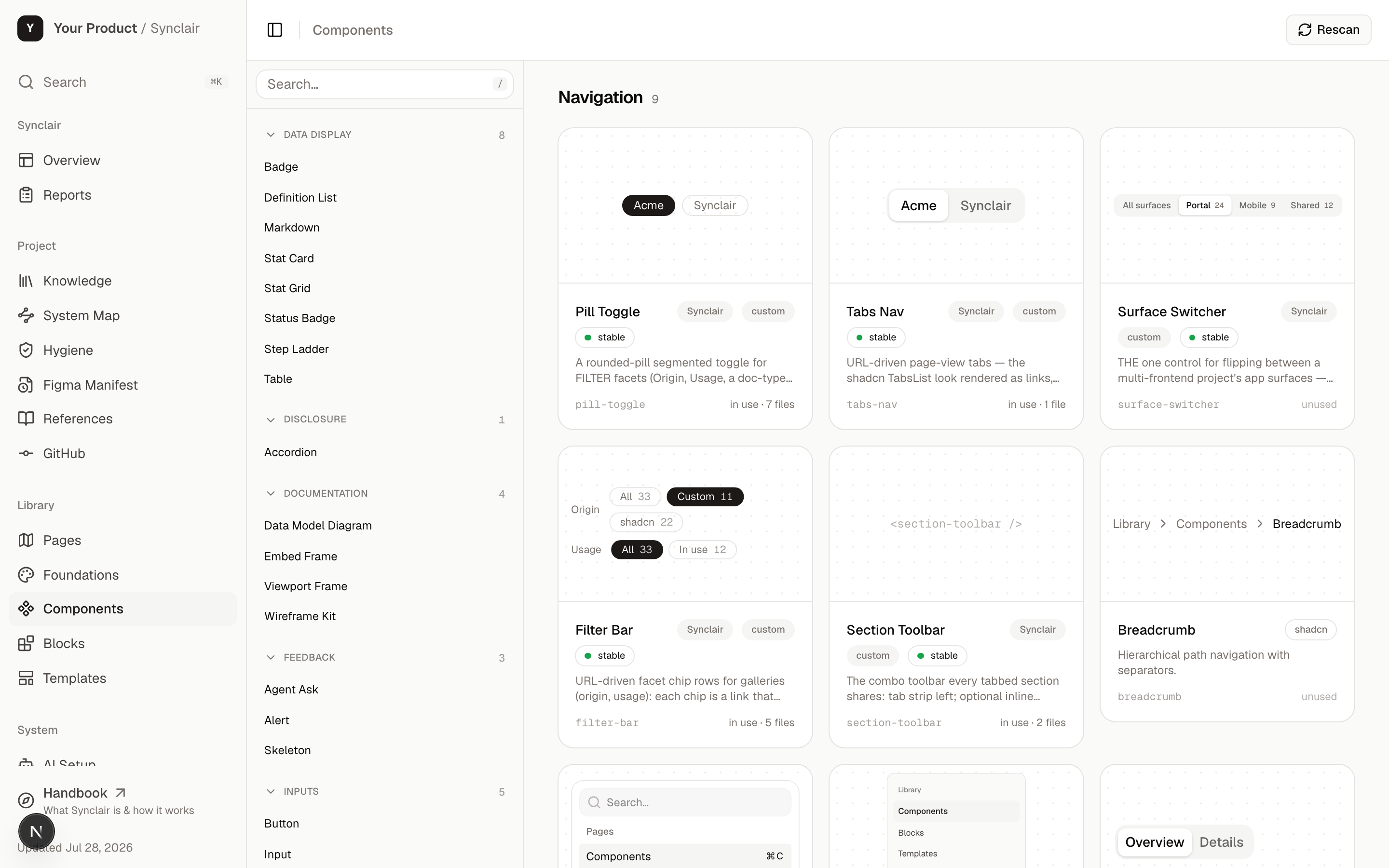 The Synclair component gallery showing the component list and live previews