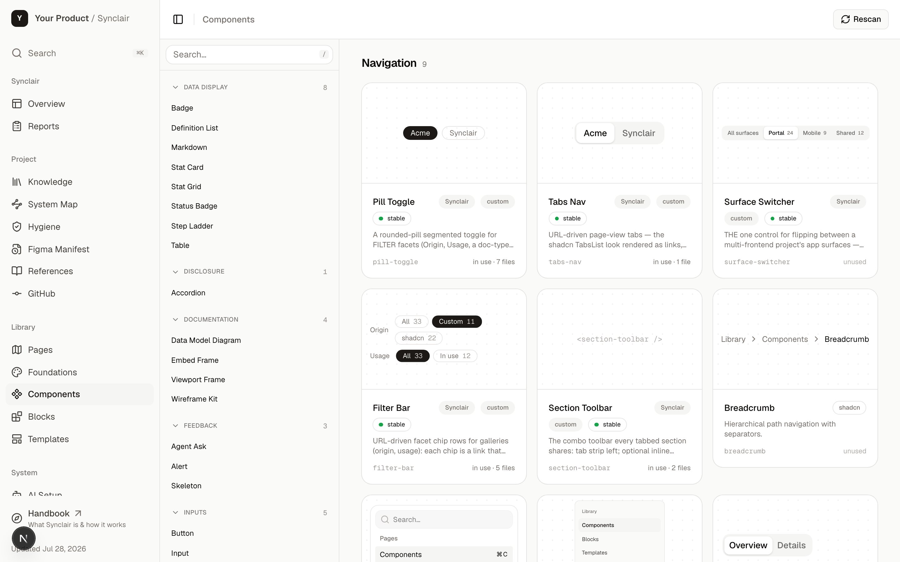 The Synclair component gallery showing the component list and live previews