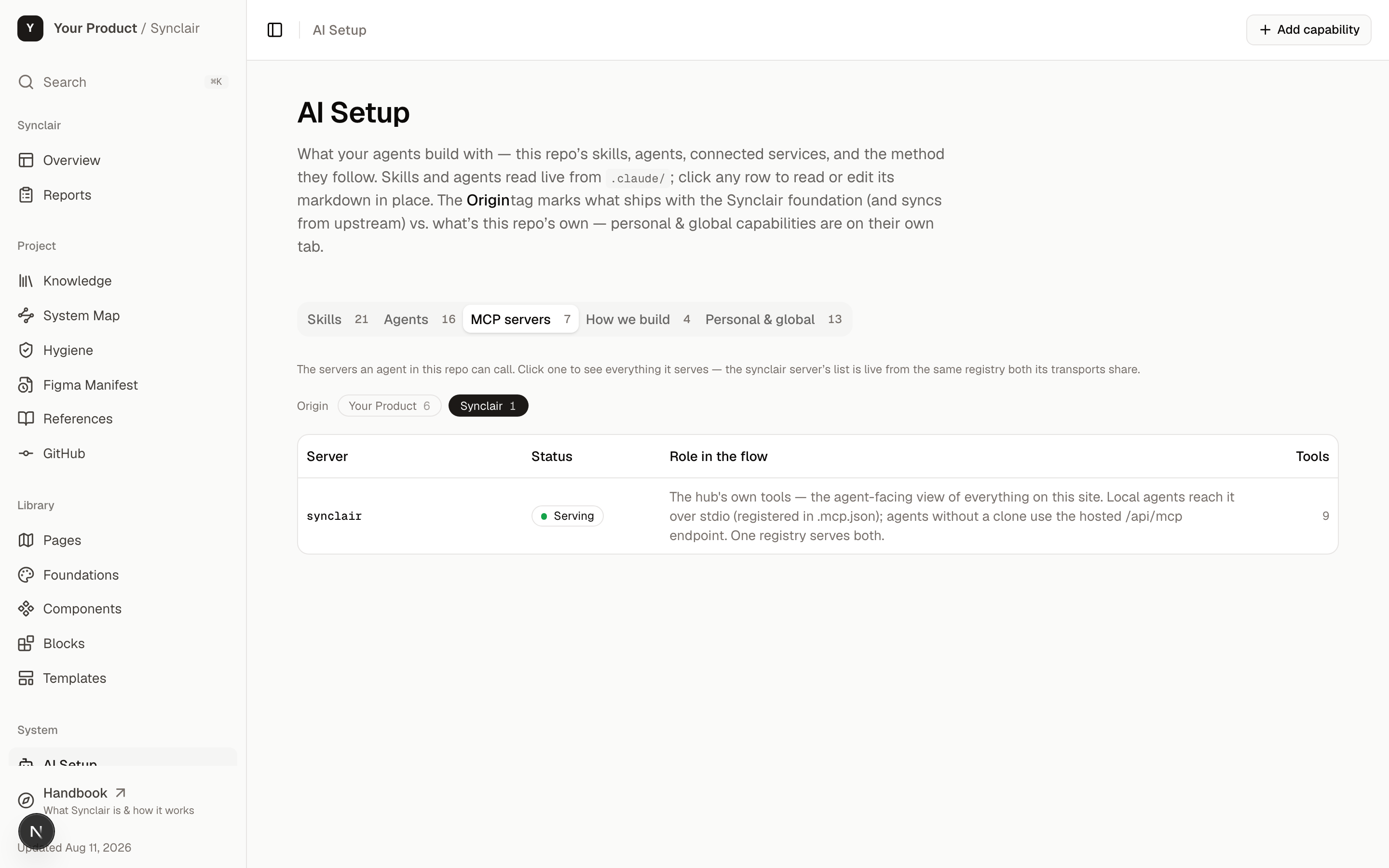 The AI Setup page's MCP servers tab showing the synclair server, serving, with nine tools