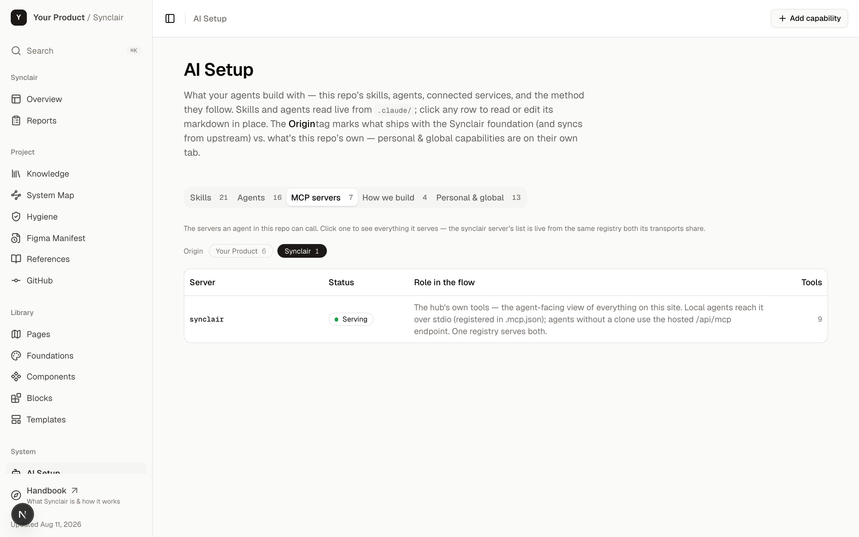 The AI Setup page's MCP servers tab showing the synclair server, serving, with nine tools