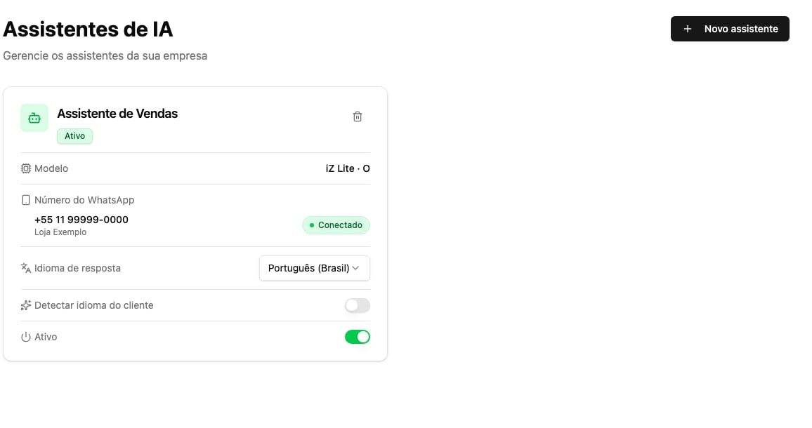 Cartão de um assistente na página Assistentes de IA, com o número do WhatsApp, o idioma de resposta e a chave Ativo.