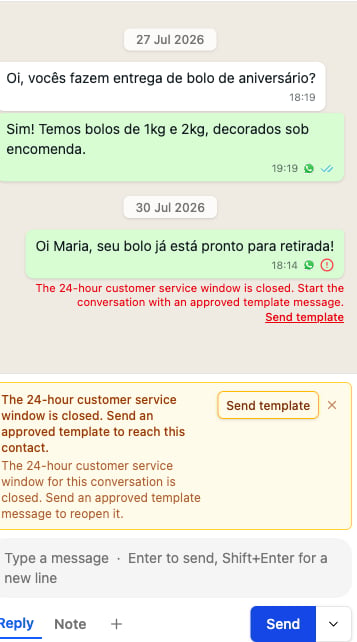 Mensagem com falha no chat do painel, com o motivo da janela fechada em vermelho e o botão Send template.