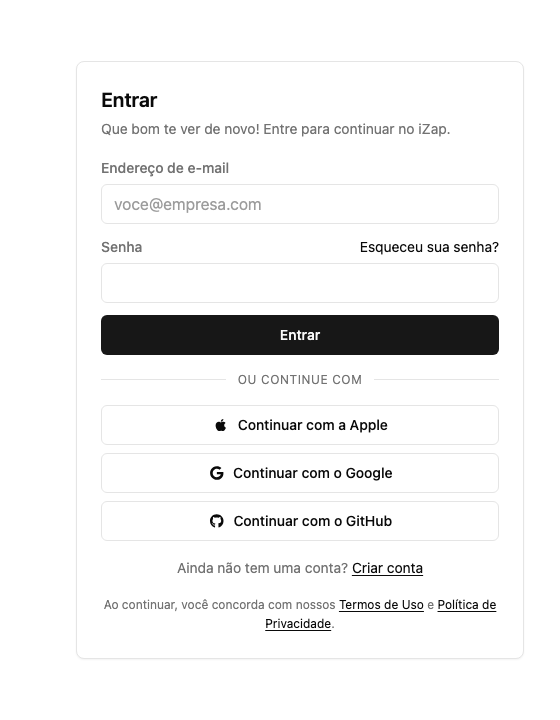 Tela de login do iZap com os campos de e-mail e senha e os botões de Apple, Google e GitHub.