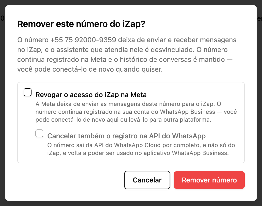 The removal confirmation window with the two optional checkboxes for revoking access at Meta and deregistering the number.