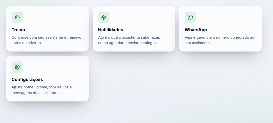 Tela inicial do Trainer com os cartões Treino, Habilidades, WhatsApp e Configurações.