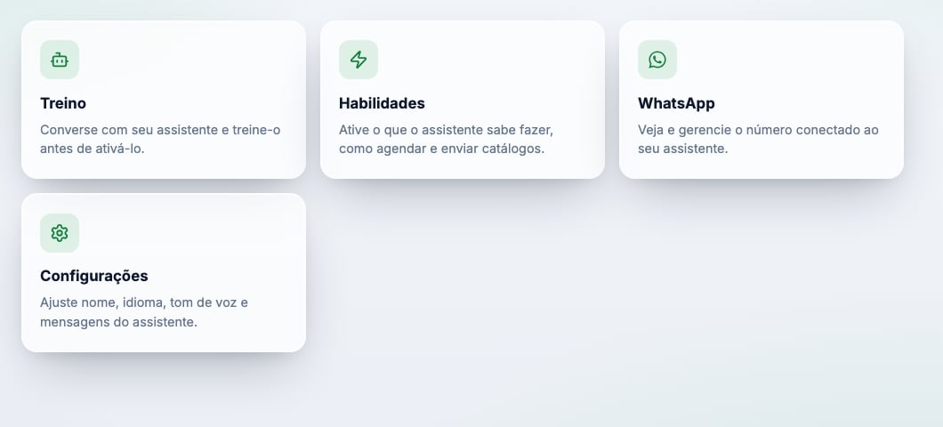 Tela inicial do Trainer com os cartões Treino, Habilidades, WhatsApp e Configurações.