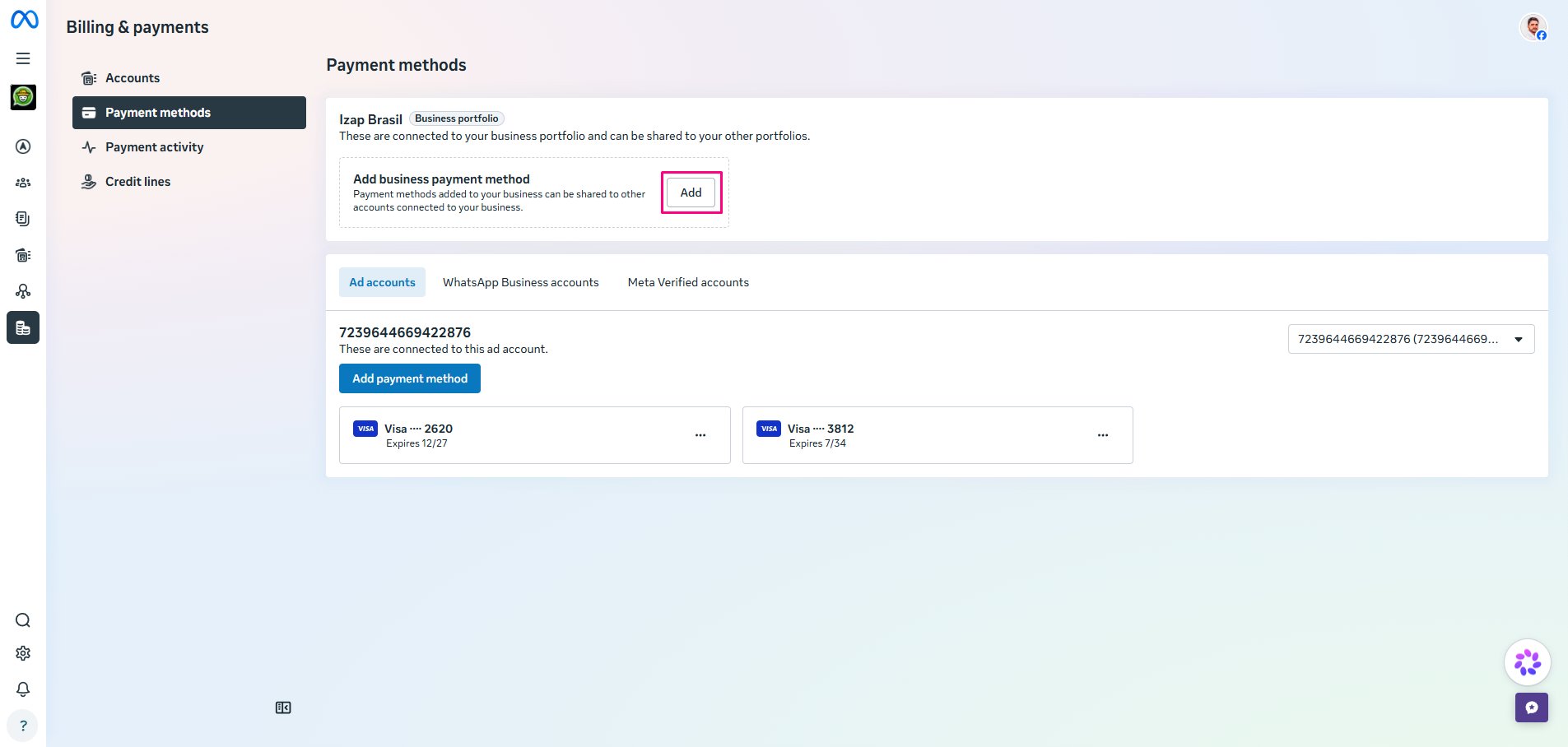 A tela 'Faturamento e pagamentos' da Meta com o botão Adicionar método de pagamento.