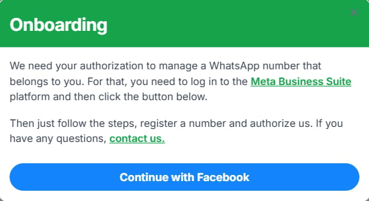 A janela 'Onboarding' com o botão Continuar com o Facebook.