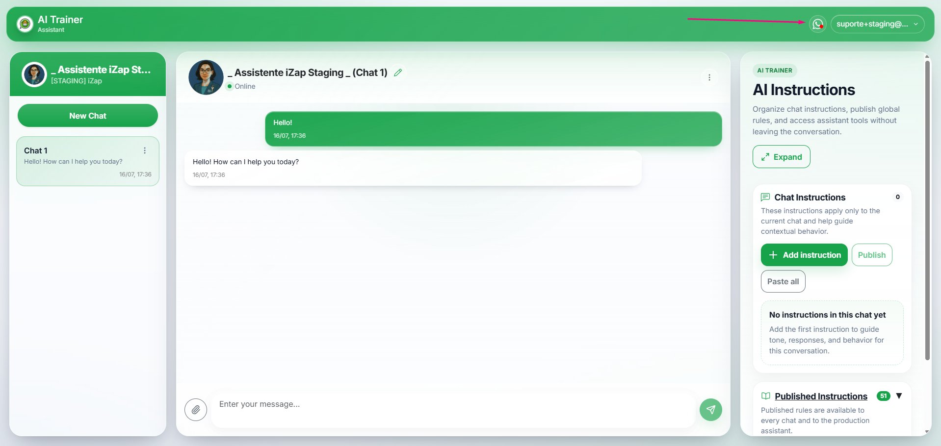 O Trainer da iZap com o ícone do WhatsApp no canto superior direito.