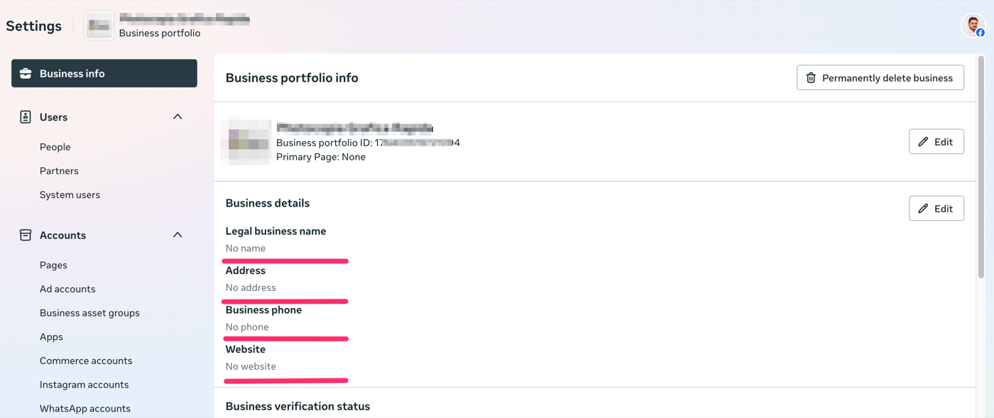 Página Business info nas configurações da Meta, com os campos Legal business name, Address, Business phone e Website vazios e sublinhados em vermelho.