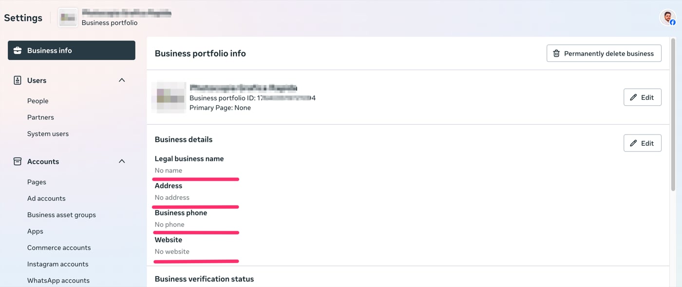 Página Business info nas configurações da Meta, com os campos Legal business name, Address, Business phone e Website vazios e sublinhados em vermelho.