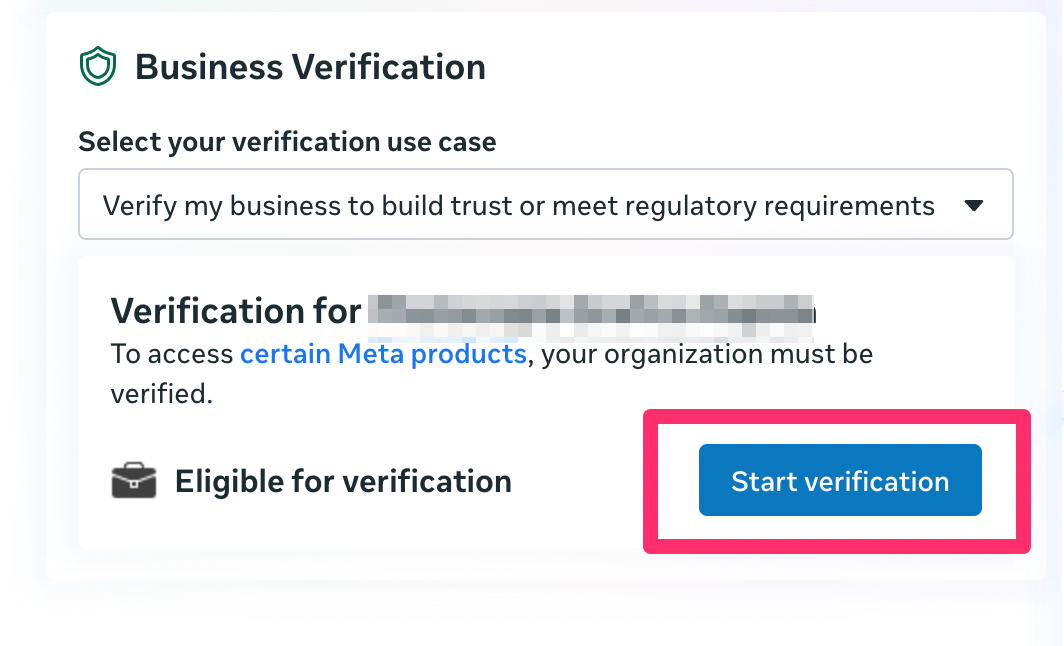 Cartão Business Verification da Meta, com Eligible for verification e o botão Start verification destacado.