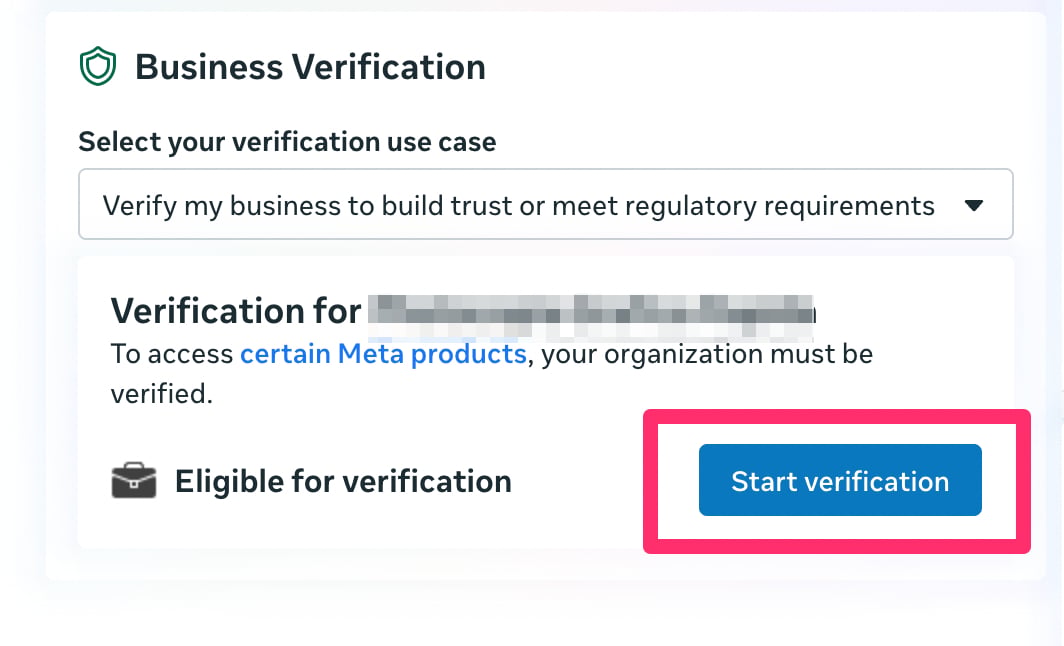 Cartão Business Verification da Meta, com Eligible for verification e o botão Start verification destacado.