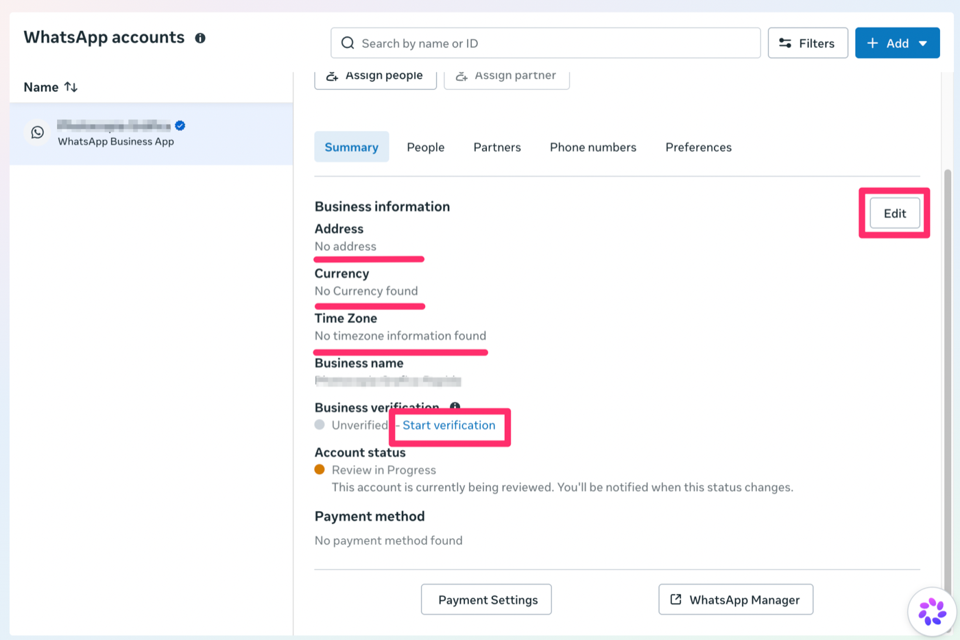 Aba Summary de uma conta do WhatsApp nas configurações da Meta, com Address, Currency e Time Zone vazios, o botão Edit e o link Start verification destacados, status Review in Progress e sem forma de pagamento.