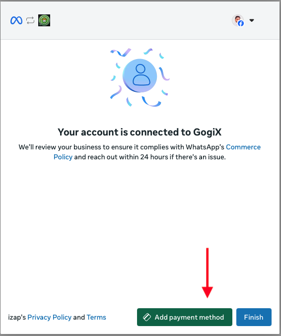 Pantalla de Meta que confirma que tu cuenta está conectada a GogiX, con los botones para agregar un método de pago y finalizar.